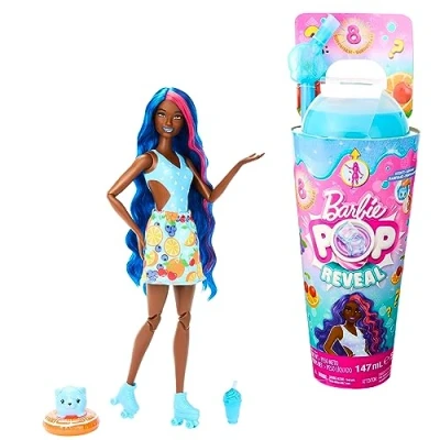 Immagine di Barbie Pop Reveal Serie Frutta, Bambola a Tema Punch di Frutta con 8 sorprese profumate e Effetto Cambia Colore, Cucciolo Accessori Slime Inclusi, Giocattolo per Bambini, 3+ Anni, HNW42