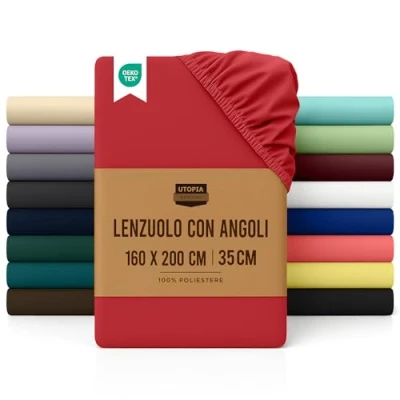 Immagine di Utopia Bedding Lenzuolo con Angoli Due Piazze Matrimoniale 160x200cm Rosso Microfibra di Poliestere Spazzolato sotto Elasticizzato