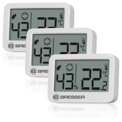 Immagine di Bresser Tempy Termo igrometro Set di 3 per controllo del clima interno, temperatura e umidità, schermo faccia, fissaggio magnetico