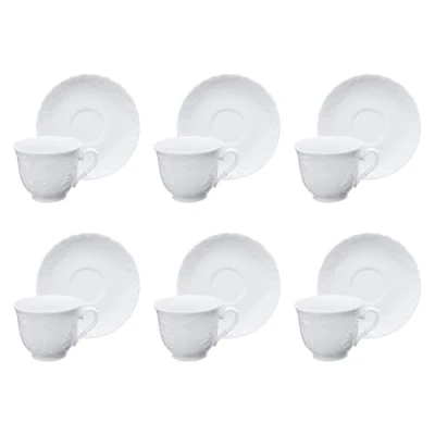 Immagine di Excelsa Elisa Rococò Set 6 Tazze da Tè con Piattino, Capacità 210 Ml., Bianco, Porcellana, Decoro in rilievo