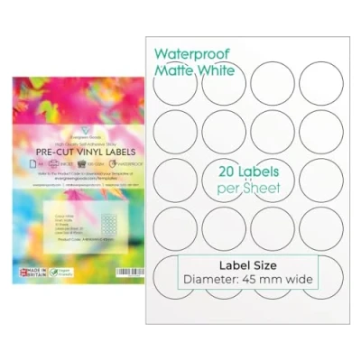 Immagine di Evergreen Goods™ etichette adesive rotonde in formato A4, impermeabili, colore bianco opaco, 45 mm (20 per foglio, 200 totale) 10 fogli, stampabili a getto d&#039;inchiostro con retro