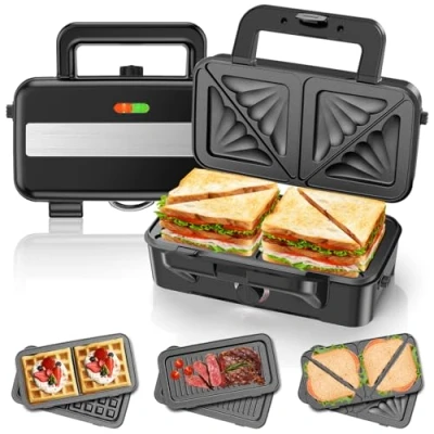 Immagine di Sandwich Maker 3 in 1, 1200W Piastra per waffle con Controllo della Temperatura da 5 Velocità, Tostapane Piastre Antiaderenti Sandwich, Waffle, Carne, luci a LED, Impugnatura Cool Touch
