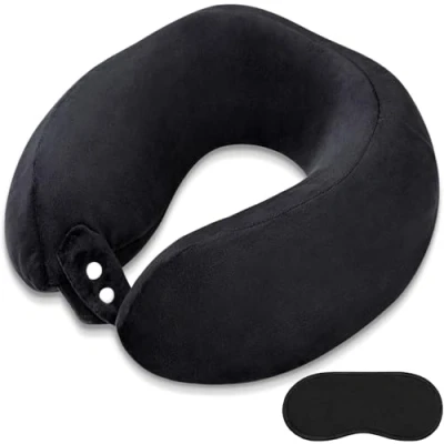 Immagine di FEUFOAM Cuscino cervicale in memory foam con rivestimento velluto, comodo, regolabile, per dormire, testa e collo, leggero, da viaggio, adulti, treno, autobus, ufficio, casa, nero