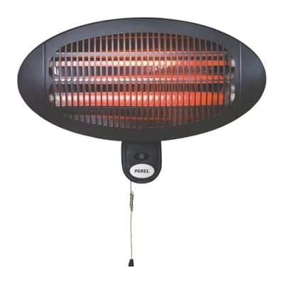 Immagine di Perel Stufa da esterno, 2000 W, quarzo, montaggio a parete, con interruttore tirante, resistente agli spruzzi d&#039;acqua, 3 livelli di calore, metallo, nero, incl. accessori