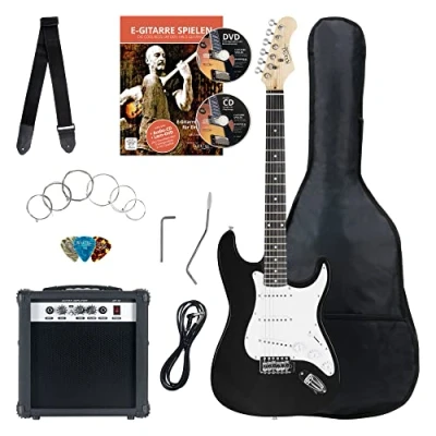 Immagine di Rocktile Banger&#039;s Pack Set Chitarra Elettrica Nera Kit Completo per Chitarre Elttriche con Amplificatore 25W, Custodia Morbida, Cavo, Tracolla, Tremolo, Plettri Black Highgloss