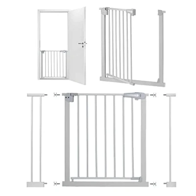 Immagine di cancelletto per porte e scale MoMi PAXI, estensibile da 75 a 82 cm, di sicurezza bambini con 2 prolunghe 7 14 cm in dotazione, morsetti installazione senza foratura