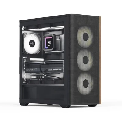 Immagine di AeroCool Custodia Mid Tower D501A, parte anteriore in rete con accenti legno, supporto radiatore da 360 mm, 11 slot per ventole, GPU 400 ATX/m ATX/Mini ITX, filtri antipolvere magnetici,