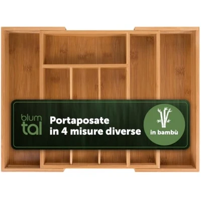 Immagine di Blumtal portaposate da cassetto di bambù porta posate cucina regolabile 5 a 7 scomparti organizzatore cassetti organizer medio