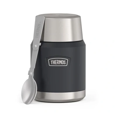 Immagine di Thermos ICON Food Jar 0,47 l, grigio scuro grafite opaco, contenitore per cibo 470 ml, in acciaio inox 18/8 a doppia parete, mantiene caldo e freddo, con cucchiaio pieghevole, fondo antiscivolo,