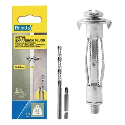 Immagine di Rapid Confezione da 10 Tasselli ad Espansione in Metallo per Pareti Cave Cartongesso e Truciolari dallo Spessore di 3 13 mm, Supportano fino un Carico 25 Kg