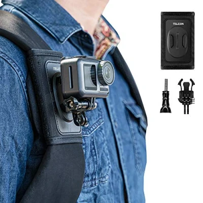 Immagine di TELESIN Supporto da Zaino e Spallacci per GoPro Hero 13 12 11 10 9 8 7 6 Max, Insta360, DJI, con Cuscinetto Regolabile Gancio a J Attacco, Accessori