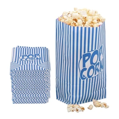 Immagine di Relaxdays Sacchetti per Popcorn, Set da 144 Buste di Carta a Righe retrò, Feste Compleanno Tema Cinema, Box, Blu Bianco, 26 x 13 8 cm
