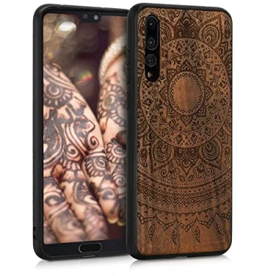 Immagine di kwmobile Custodia Compatibile con Huawei P20 Pro Cover Back Case in Legno Bumper Silicone TPU Sole indiano marrone scuro