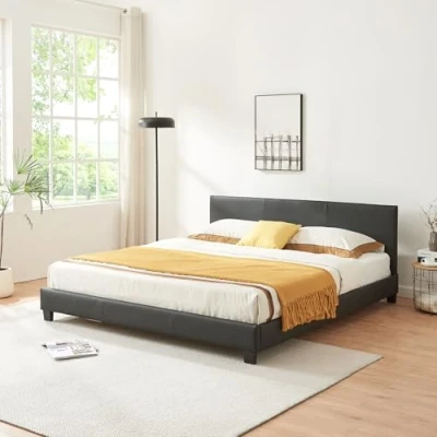 Immagine di Corium Struttura Letto Imbottito a Testiera Alta Matrimoniale King Size 2 Piazze 180x200 cm Rivestimento in Similpelle Nero