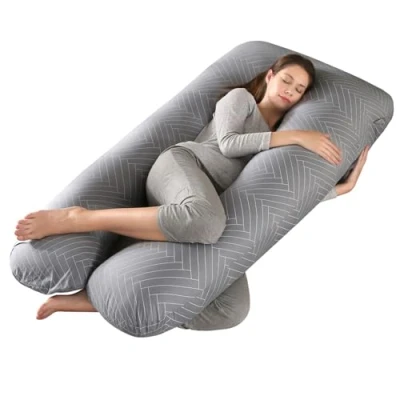 Immagine di SHANNA Cuscino Gravidanza per Dormire, Allattamento Neonato A Forma di U, 100% Cotone Cuscini maternità e il Corpo Laterale con Federa Sfoderabile Lavabile, 145 x 70cm(Grigio Strisce)