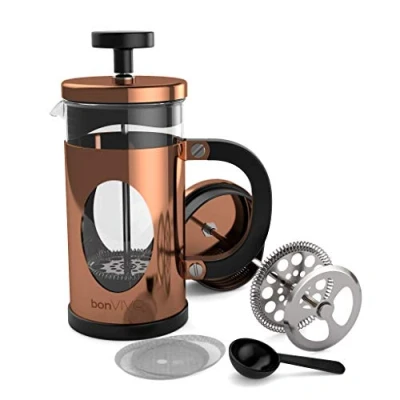 Immagine di bonVIVO GAZETARO I Caffettiera da 350 ml, 3 tazze, in acciaio inox, con paletta e filtro a rete di ricambio, resistente al calore, regalo per donne uomini, rame