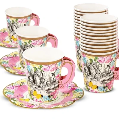 Immagine di Talking Tables Carta Tazze per tè e Piattini Alice nel Paese delle Meraviglie Stoviglie Feste di Compleanno, Baby Shower, Colori Misti, 12, Multi Colour, Set da 24 Pezzi, unità