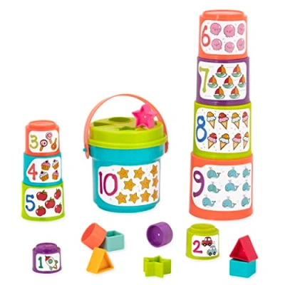Immagine di Battat Sort &amp; Stack Nesting Cups Coppe educative impilabili con numeri e forme Gioco acqua sabbia 19 pezzi colorati, blu