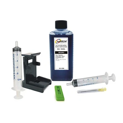 Immagine di refill24 Kit di ricarica compatibile per cartucce d&#039;inchiostro HP 304, 304 XL nero, include clip e accessori + 250 ml inchiostro
