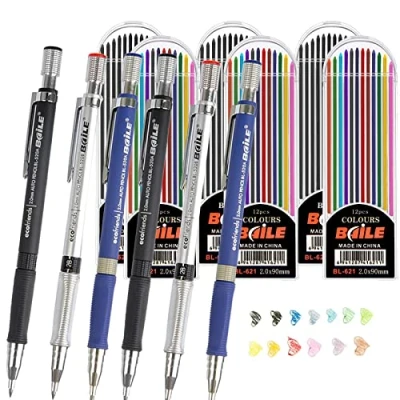 Immagine di dancepandas Portamine 2mm 6PCS Matite Meccaniche Mechanical Pencil Con 72 Ricambio di Piombo, Colore e Ricariche Nere per Progetto Disegno Scrivere Creare Disegni d&#039;Arte