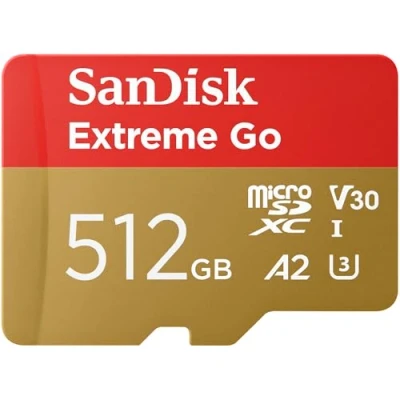 Immagine di SanDisk 512GB Extreme Go scheda microSDXC + adattatore SD (per smartphones e Tablet Android, Action Cam, Drones, UHS I, fino a 200 MB/s, 5K, 4K, UHD, V30, Rescue PRO Deluxe, Class 10, U3) per Amazon
