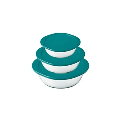 Immagine di Pyrex® Cook &amp; Store Set di 3 piatti rotondi in vetro con coperchi (0,35 l; 1,1 2,3 l); senza BPA