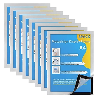 Immagine di Mutualsign Cornice Magnetica per Espositore A4 Magnetic Display Autoadesiva, Confezione da 8, Argento.
