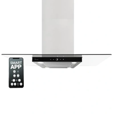 Immagine di cappa aspirante 90 cm a Isola acciaio inossidabile vetro nero Wi Fi, funzione SensorTouch Multi HC