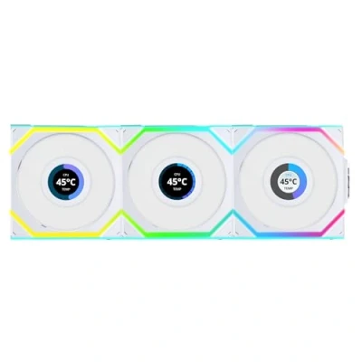 Immagine di Lian Li UNI FAN SL Ventola wireless LCD, ARGB, PWM, confezione da 3 con controller Reverse Blade, 120 mm, colore: Bianco