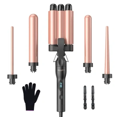 Immagine di Set di ferri arricciacapelli a 3 barili Impostazioni temperatura multiple BESTOPE PRO Ferro con display LED 5 in 1 per grandi onde Riscaldamento rapido un guanto, 2 clip