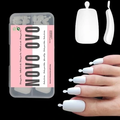 Immagine di NOVO OVO 120 unghie lunghe a pressione, curve, copertura completa, lunghe, bianche, doppie opache, per pedicure, in acrilico, affusolate, quadrate, morbido gel, 12 misure scatola