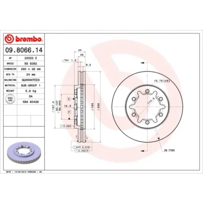 Immagine di BREMBO 09.8066.14 Disco freno 260 26 6 ventilazione interna NISSAN: Pick Up, Navara up