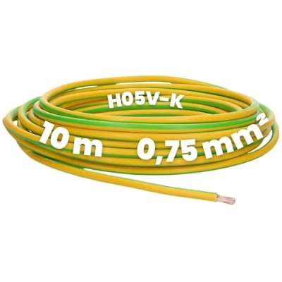 Immagine di Kalitec 10 metri H05V K 0,75 mm², conduttore di cablaggio verde, giallo, in PVC, cavo singolo da mm2, a filo singolo, monofilo, ignifugo