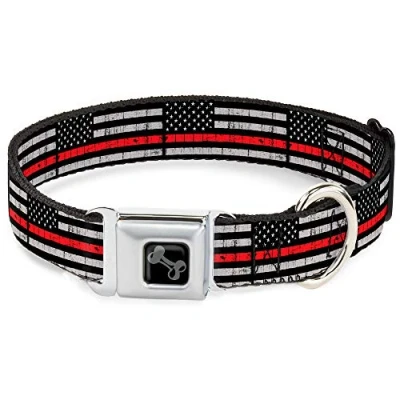 Immagine di Collare per cani fibbia cintura di sicurezza sottile linea rossa bandiera tempo nero grigio rosso 15 a 26 pollici larghezza 1.0