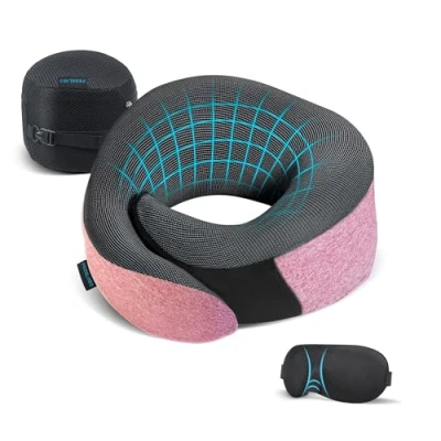 Immagine di Proglobe Set di cuscini da viaggio rosa in 100% pura memory foam, materiale aggiornato, kit a lungo raggio con maschere sagomate 3D e borsa lusso.