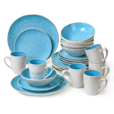 Immagine di MIAMIO Set di stoviglie in ceramica gres porcellanato fatto a mano, collezione Lumera (set da 24 pezzi, blu)