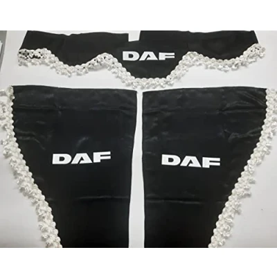 Immagine di Set di 3 tende decorative in peluche con pompon bianchi per camion DAF (nero)