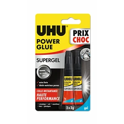 Immagine di UHU Power glue gel Colla istantanea ultra veloce e forte, non scorre, senza solventi, trasparente, tubi 2 x 3 g