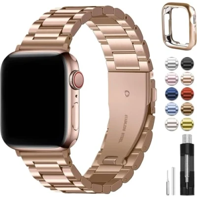 Immagine di Fullmosa Cinturino per Apple Watch 41mm 40mm 38mm, in Acciaio Inossidabile Compatibile con Serie 9 8 7 6 SE 5 4 3 2 1, Donna e Uomo, Rosa Oro