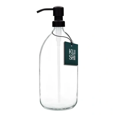 Immagine di Kuishi dispenser per flaconi con pompa in vetro trasparente [500 ml, nera] Flacone di sapone ambrato ricaricabile acciaio inossidabile, ecologico (senza BPA)