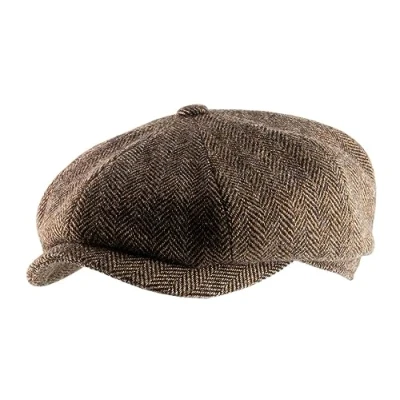 Immagine di Stetson Hatteras Classic Wool Berretto con Visiera Coppola da Uomo Fodera in Cotone Cappello Maschile Motivo a Spina di Pesce Autunno/Inverno Marrone Nero 61 cm