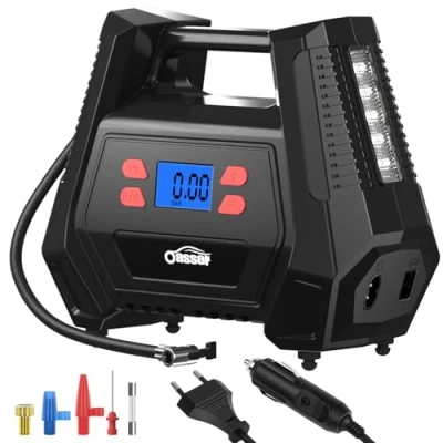 Immagine di oasser compressore Aria Portatile 12V AC/240V DC da 150 PSI con 5 adattatori per ugelli, Luce a LED, include Manuale Adatta Auto Motociclette