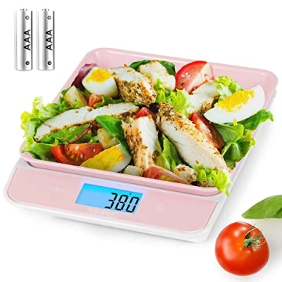 Immagine di Duronic KS100 PK Bilancia da cucina ad alta precisione con display digitale retroilluminato Portata 1g / 5 kg ciotola integrata rosa 1,2L Funzione Tara