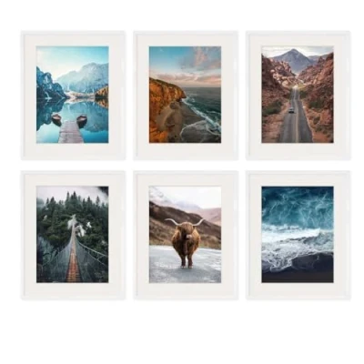 Immagine di PHOTOLINI Set di 6 cornici per poster 40x50 cm con passe partout 30x40 bianco legno MDF, plexiglass infrangibile, da parete, accessori inclusi foto, immagini e