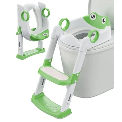 Immagine di Riduttore WC Bambini con Scaletta, Scaletta Water Bambini, per Ragazzo e Ragazza, Regolabile Pieghevole, Adattatore Cuscino, Antiscivolo Anti Spruzzo(Verde,Bianco)
