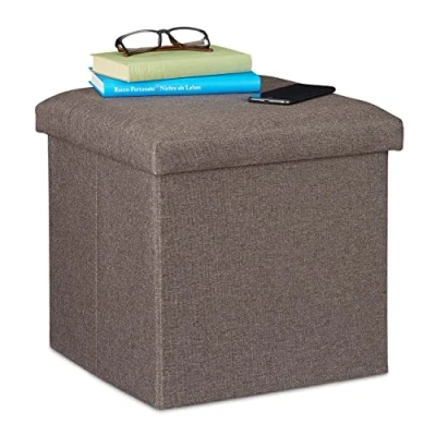 Immagine di Relaxdays Sgabello con Contenitore, Pieghevole, Imbottitura Morbida, Quadrato, Stoffa, HLP: 37x37,5x37,5 cm, Vari Colori, Grigio/Marrone, 1 pz