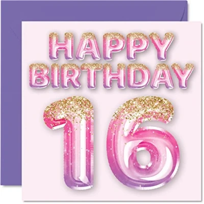 Immagine di biglietto di auguri per il 16 compleanno ragazze, con palloncini glitterati rosa e viola, biglietti anni, figlia, sorella, nipote, cugina, 145 mm x mm,