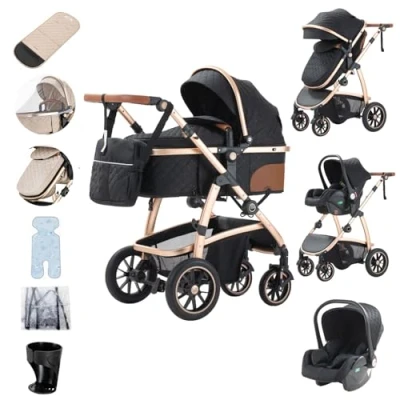 Immagine di Zkiprm Passeggino 3 in 1 Città Con Seggiolino Auto Portatile Compatto Braccioli Regolabili Protezione Antiurto Telaio Alluminio Nero