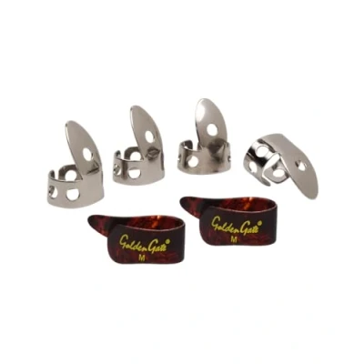 Immagine di Golden Gate GP1 3T Set di plettri per pollice e dita, in acciaio inox, tartaruga finta, misura media