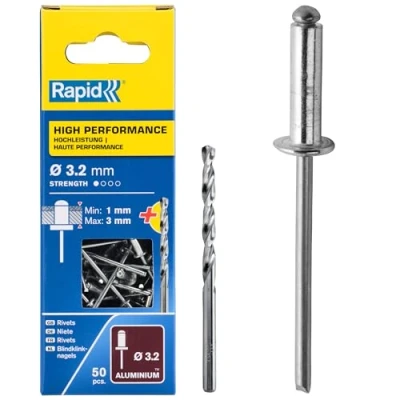 Immagine di Rapid Scatola da 50 Rivetti in Alluminio Ø3,2 x 6 mm Adatti a Fissare Parafanghi, Coperture Metallo e Plastica, Segnaletica Lamiere, Include una Punta per il Trapano (5001528)
